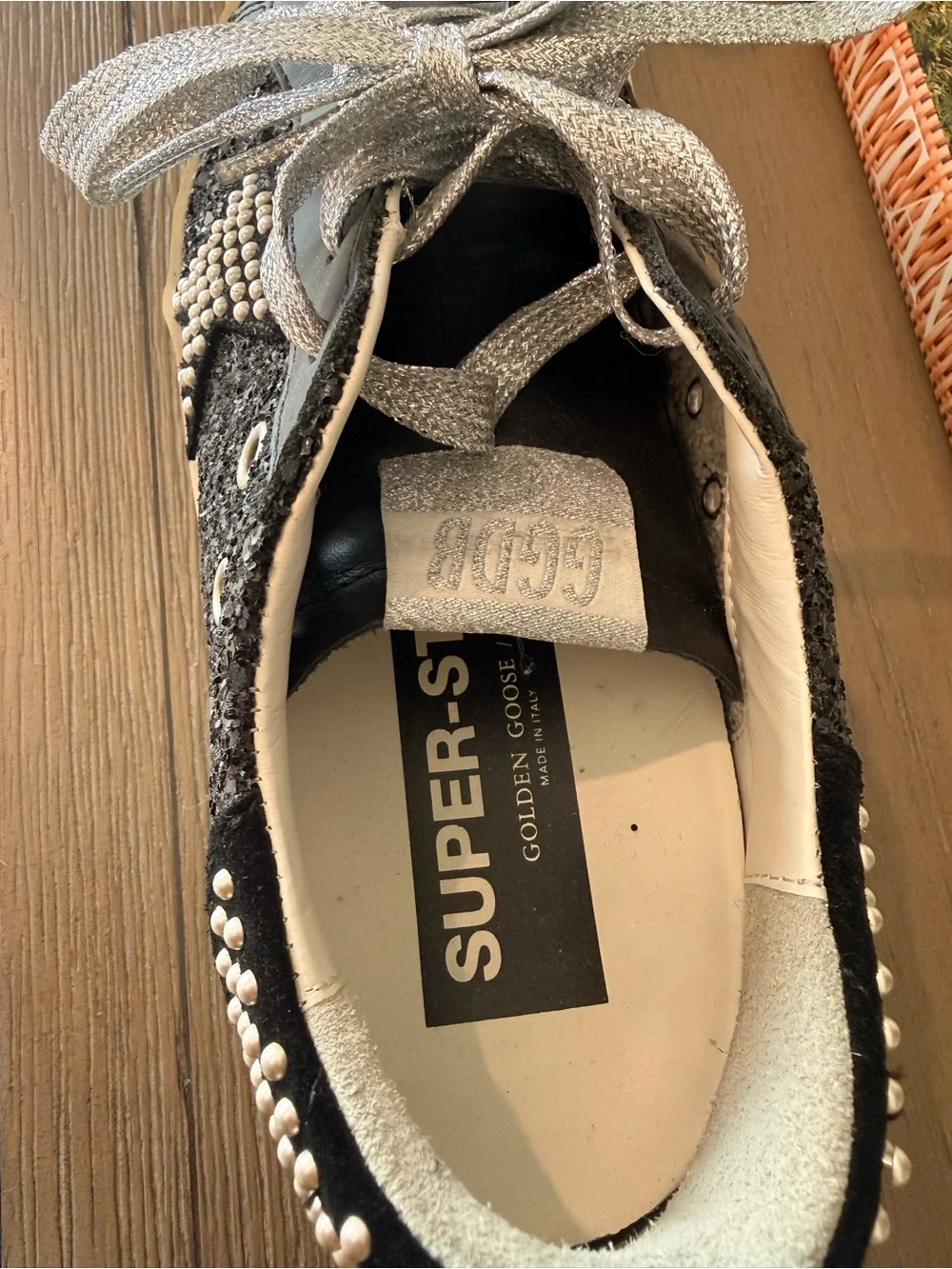 Authentic Golden goose Women’s Black Glitter Sneakers with Silver Accents